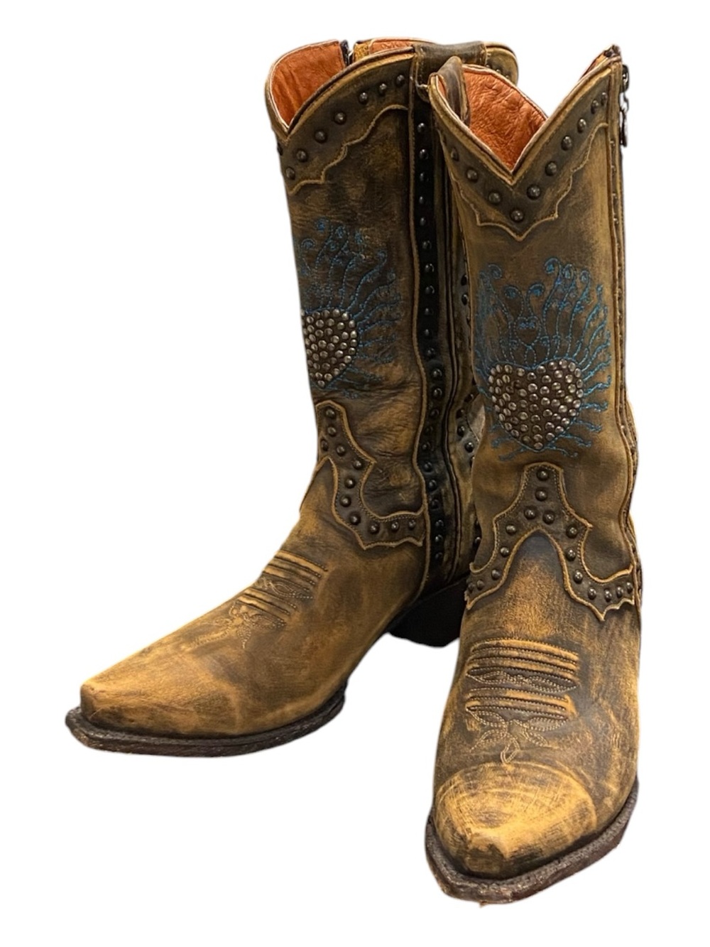 Dan Post Brown Tooled Western Heeled Boots Heartbreaker Embroidered and Studded